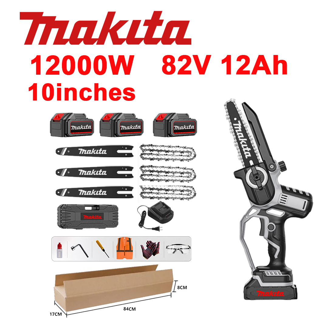 10 colių bešepetėlis ličio jonų pjūklas, 12 000 W galia, 82 V 12,0 Ah baterija*3, įkroviklis, kreiptuvas*3, grandinė*3, įrankių dėžė, tepimo alyva ir apsauginiai akiniai, penkerių metų garantija