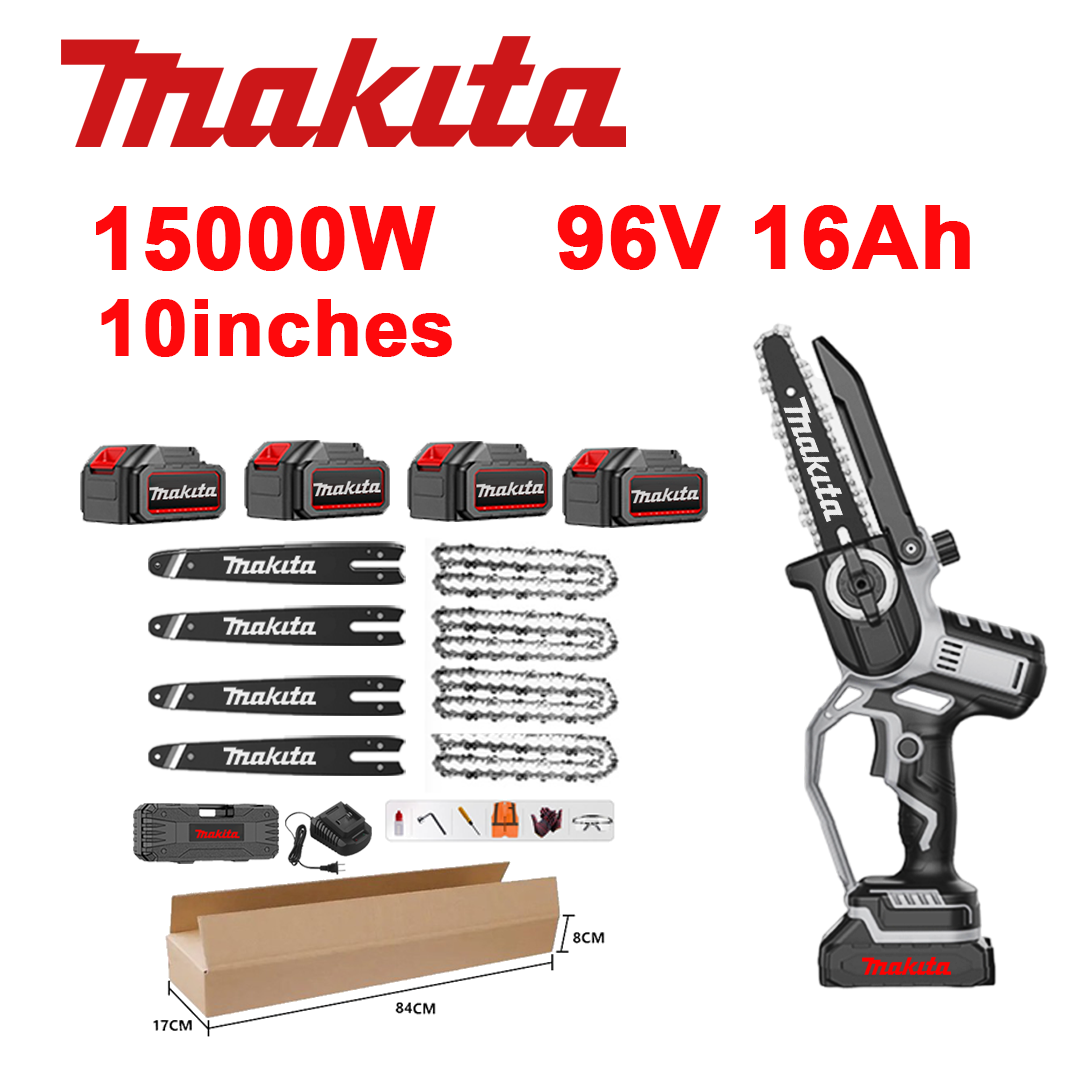 10 colių bešepetėlis ličio jonų pjūklas, 15 000 W galia, 96 V 16,0 Ah baterija*4, įkroviklis, kreiptuvas*4, grandinė*4, įrankių dėžė, tepimo alyva ir apsauginiai akiniai, penkerių metų garantija