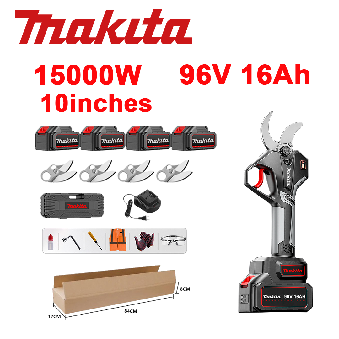 10 colių bešepetės ličio baterijos genėjimo žirklės, 15 000 W galia, 96 V 16,0 Ah baterija*4, įkroviklis, SK9 peilis*4, įrankių dėžė, tepimo alyva ir apsauginiai akiniai, penkerių metų garantija