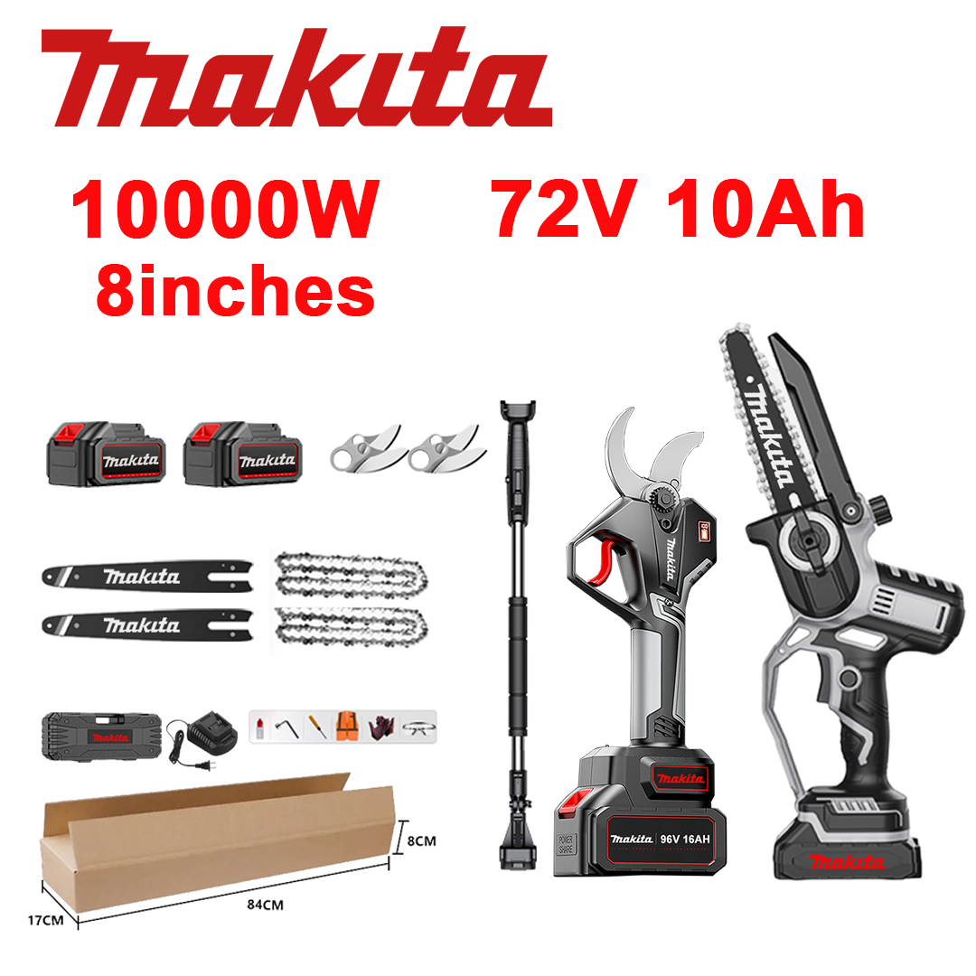 LED maitinimo indikatorius (baterijos veikimo laikas: 10 valandų). 8 colių 10 000 W ličio jonų pjūklas + genėjimo žirklės + 72 V 10,0 Ah akumuliatorius*2 + įkroviklis + kreiptuvai *2 + grandinės *2 + SK9 lydinio peiliai *2 + teleskopinis stulpas *1 (teleskopinis 150cm-450cm) + įrankių dėžė + 0 saugos alyvos.