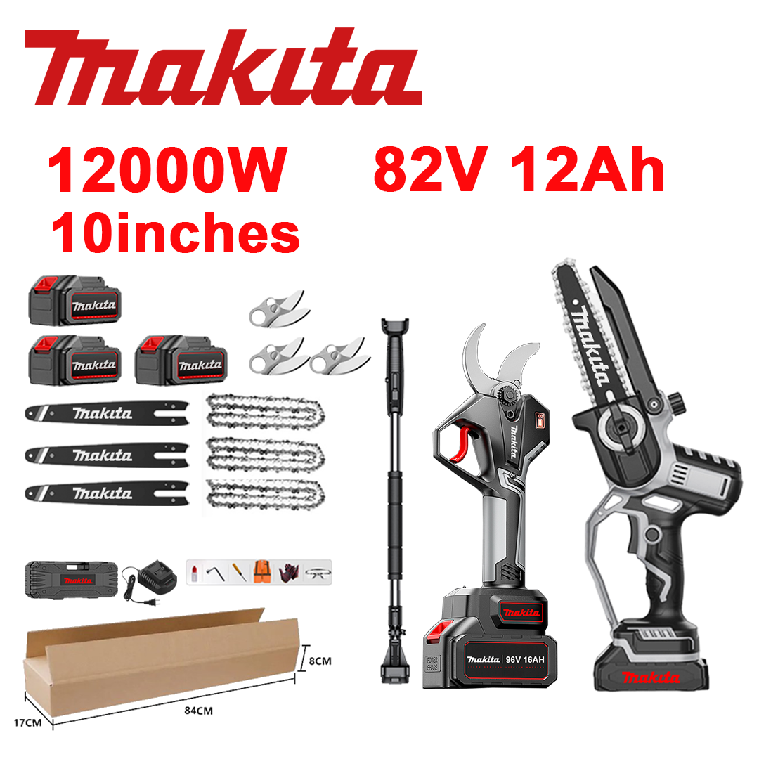 LED įtampos indikatorius (baterijos veikimo laikas: 18 valandų). 10 colių 12000 W ličio jonų pjūklas + genėjimo žirklės + 82 V 12,0 Ah akumuliatorius*3 + įkroviklis + strypai*3 + grandinės*3 + SK9 lydinio peiliai*3 + teleskopinis strypas*1 (teleskopinis nuo 150 cm iki 450 cm) + alyvos apsaugos įrankis + 1.